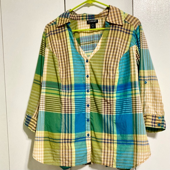 LANE BRYANT Plaid Shirt 100% Cotton Checkered Green Blue Yellow Womens 2X - Picture 15 of 16